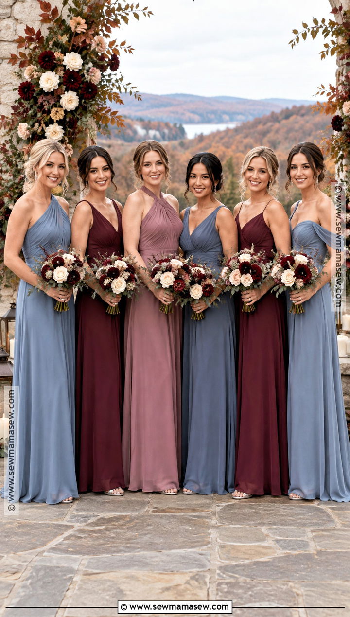 Dusty Blue And Burgundy Mismatch Bridesmaid Dresses - 15 Fall Mismatch Bridesmaid Dresses