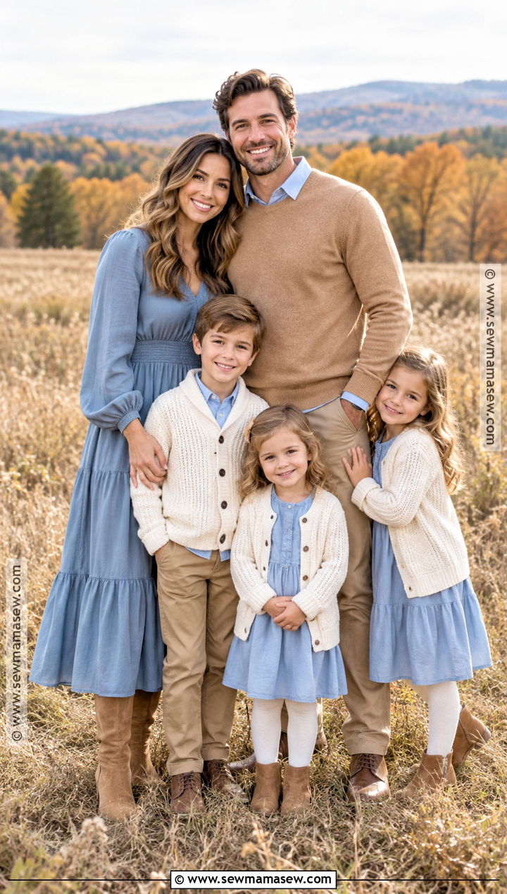 Dusty Blue And Camel Fall Family Outfit - 20 Fall Photoshoot Family Outfits