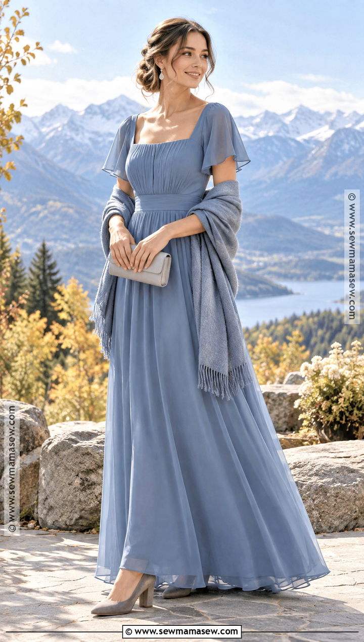Dusty Blue Bridesmaid Dress With Shawl - 15 Fall Mountain Bridesmaid Dresses