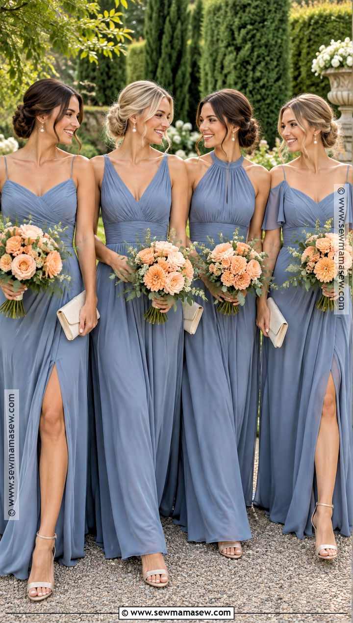 Dusty Blue Bridesmaid Dresses With Peach Bouquets - 20 wedding color schemes fall september bridesmaid dresses