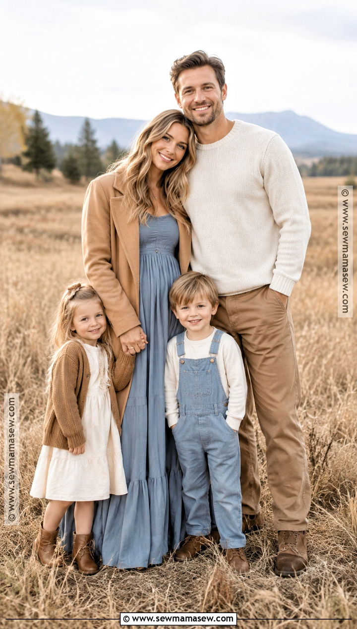 Dusty Blue Camel and Cream Fall Family Picture Outfit - 20 fall color family picture outfits