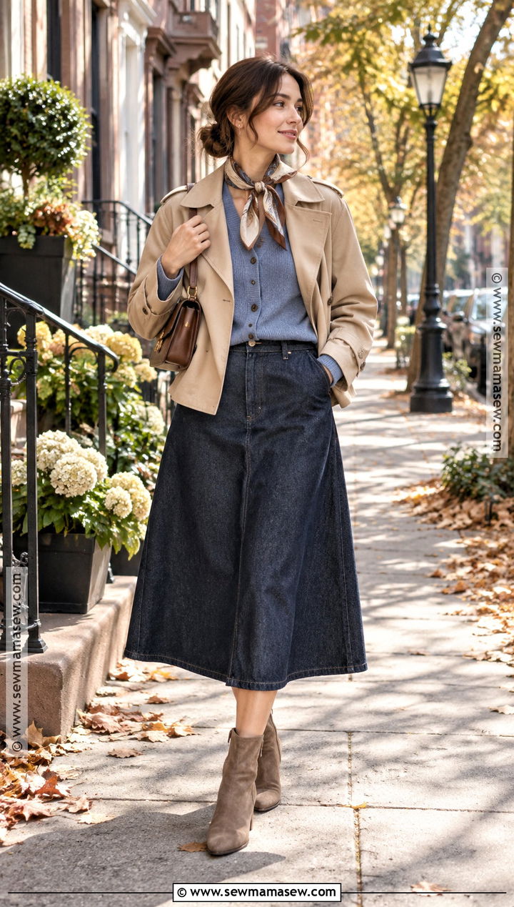 Dusty Blue Cardigan With Denim Midi Skirt - 15 Autumn Blue Knitwear Ideas