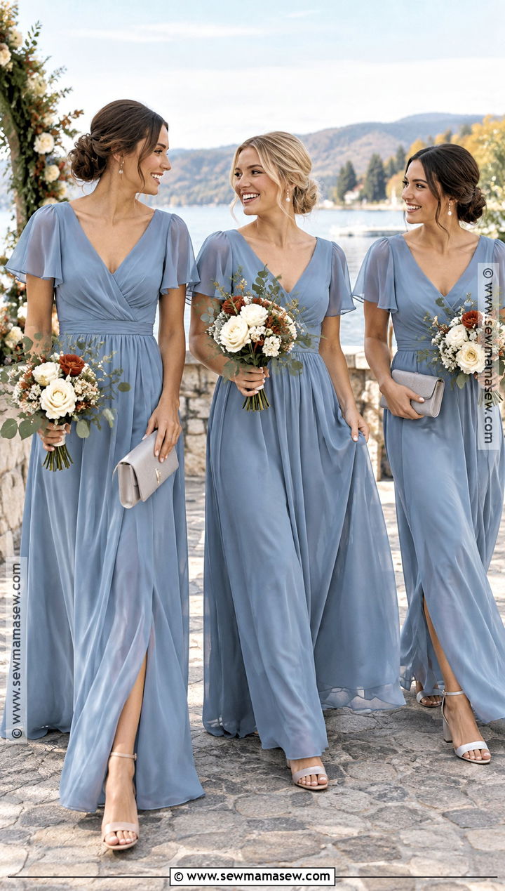 Dusty Blue Chiffon Bridesmaid Dresses - 15 Fall Colour Bridesmaid Dresses