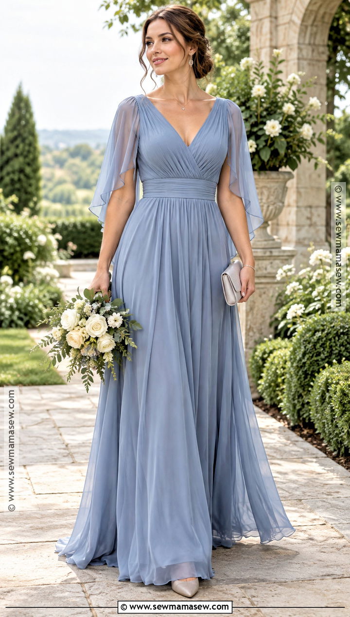 Dusty Blue Chiffon Cape Sleeve Bridesmaid Dress - 15 Fall Bridesmaid Dresses With Sleeves