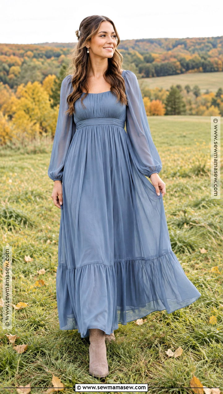 Dusty Blue Chiffon Dress And Taupe Boots For Fall Family Photos - 20 Fall Dress For Family Photos Ideas