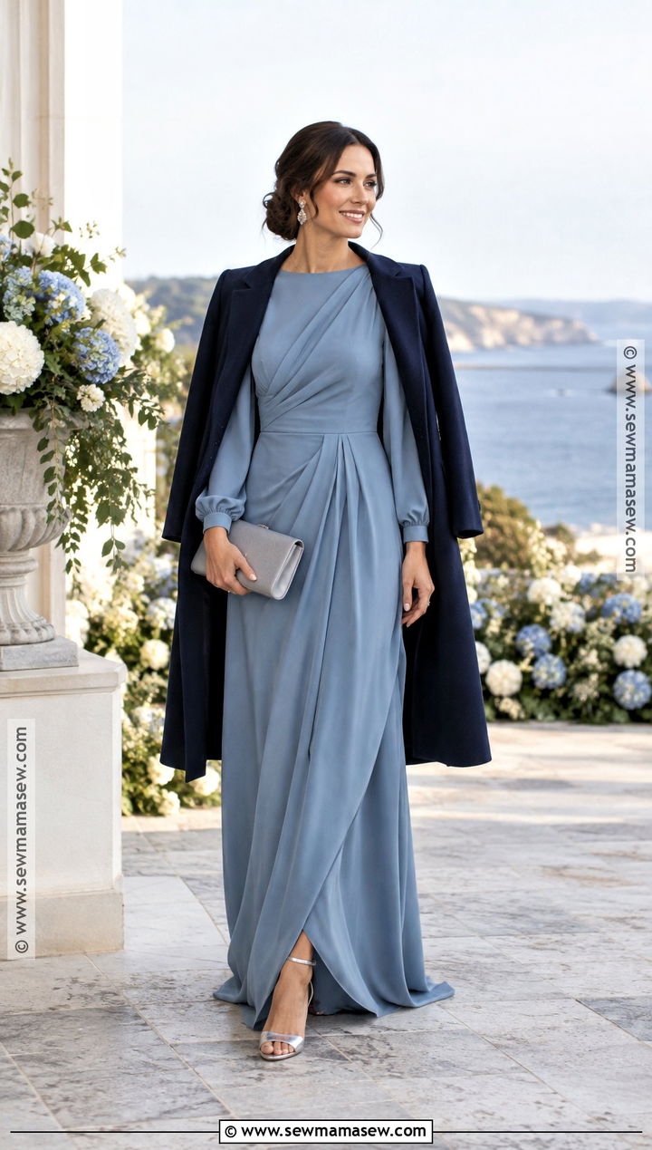 Dusty Blue Draped Maxi Fall Wedding Guest Dress - 15 dress to wear to fall wedding ideas