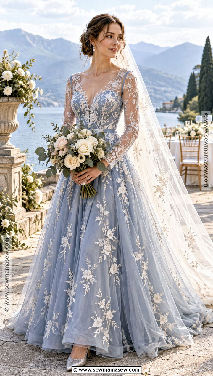 Dusty Blue Embroidered Fall Wedding Dress - 20 fall color wedding dress ideas