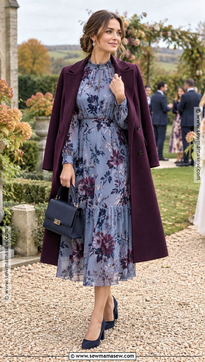 Dusty Blue Floral Midi Dress And Wool Coat Wedding Guest Outfit - 25 outdoor fall wedding guest outfit ideas