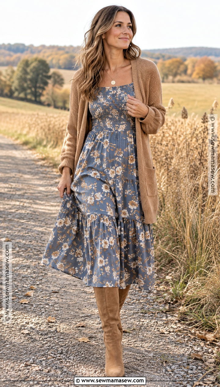 Dusty Blue Floral Midi Dress Outfit - 20 fall dresses for family pictures