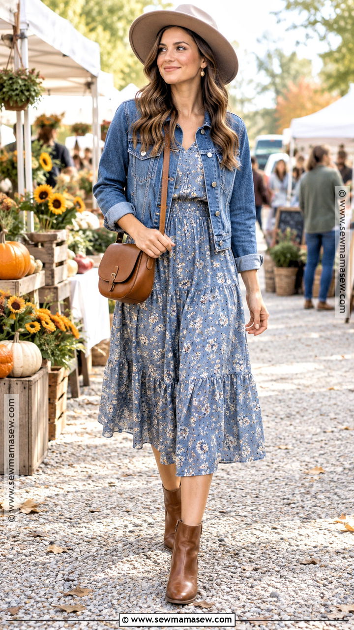 Dusty Blue Floral Midi Dress With Denim Jacket - 20 Blue Fall Dress Ideas