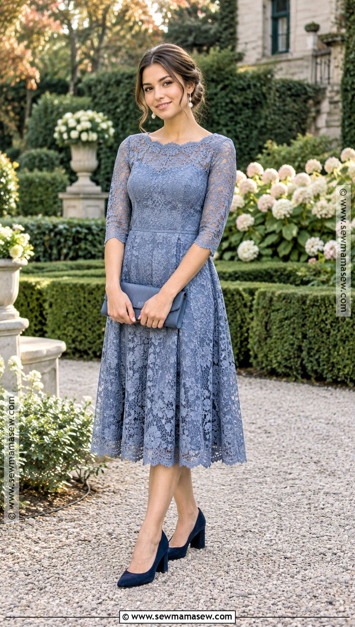 Dusty Blue Lace Midi Dress - 15 Fall Garden Wedding Dress Ideas