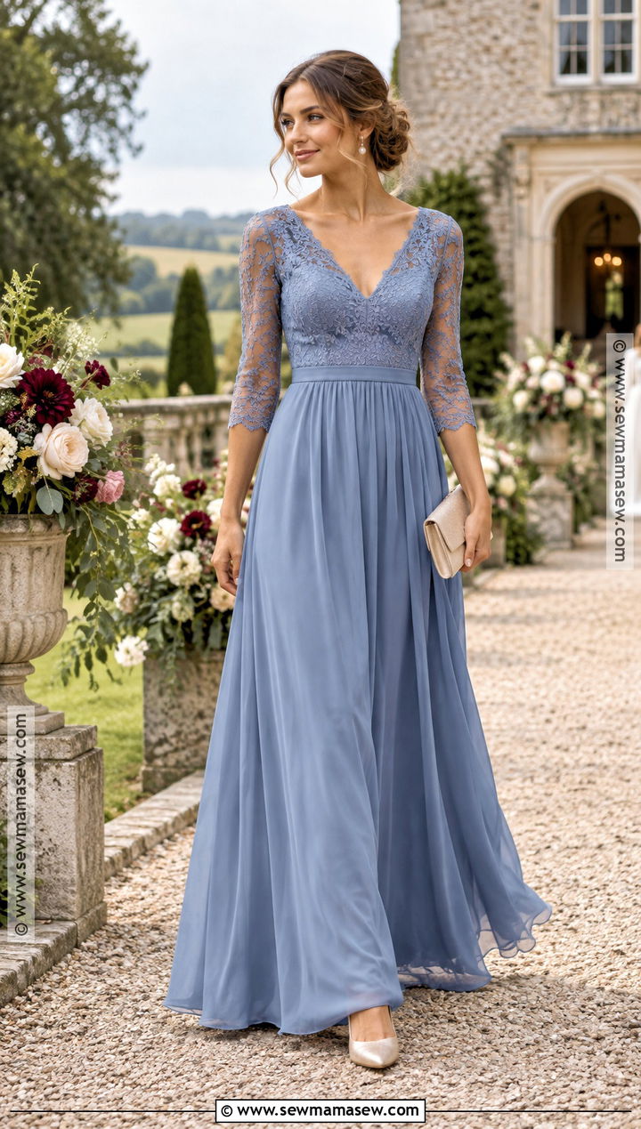 Dusty Blue Lace Sleeve Bridesmaid Dress - 20 blue bridesmaid dresses fall