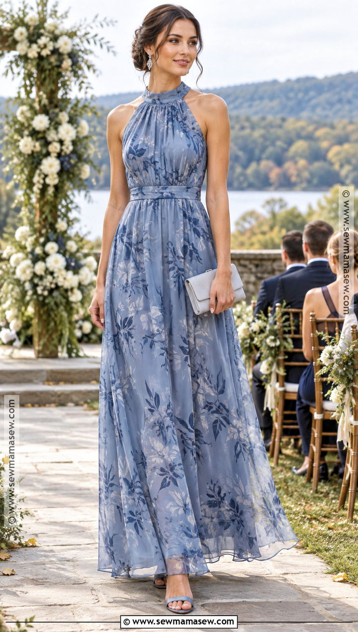 Dusty Blue Leaf Print Bridesmaid Dress - 15 Fall Patterned Bridesmaid Dresses