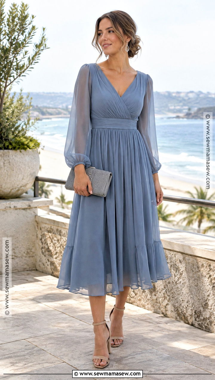 Dusty Blue Long Sleeve Fall Beach Wedding Guest Dress - 15 beach wedding guest dress fall ideas