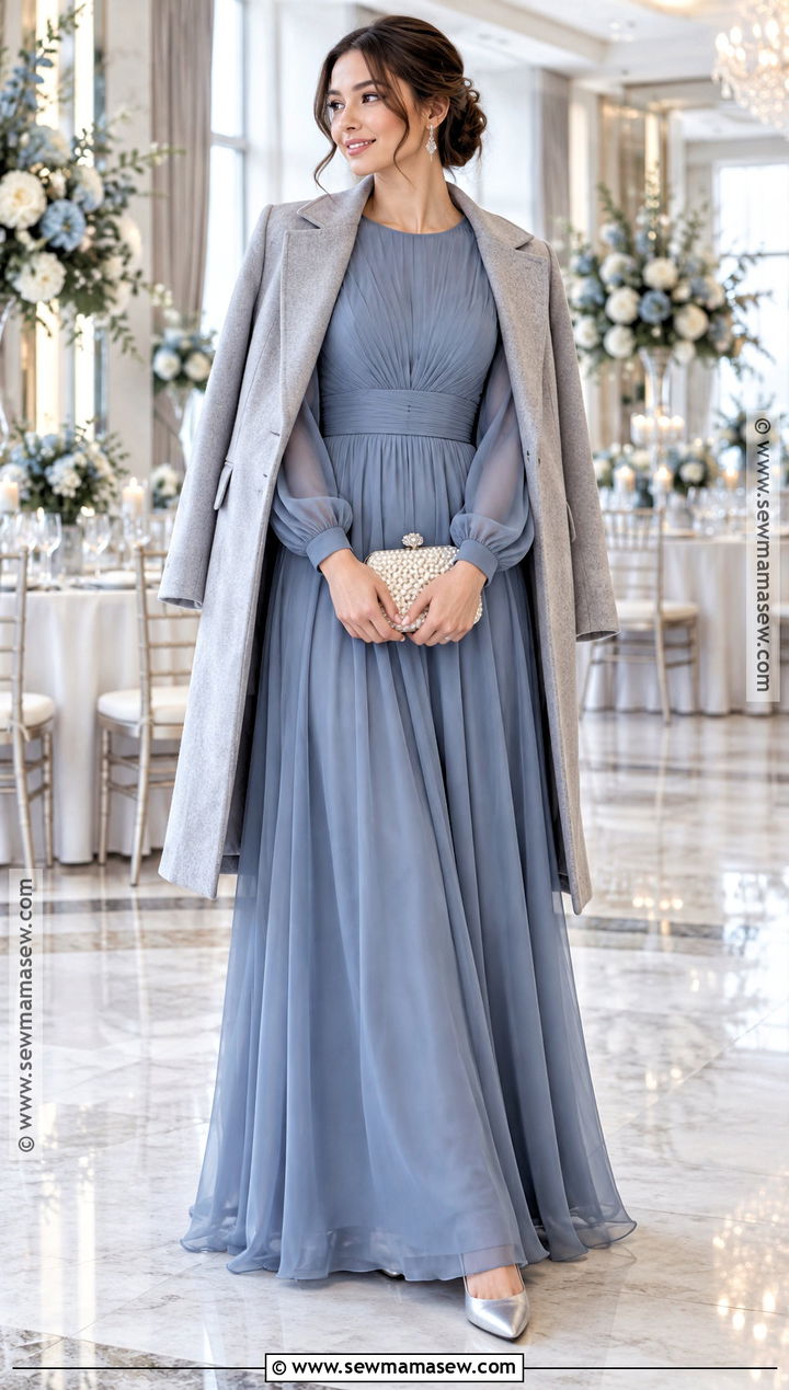 Dusty Blue Long Sleeve Maxi Dress Outfit - 15 november wedding party attire ideas