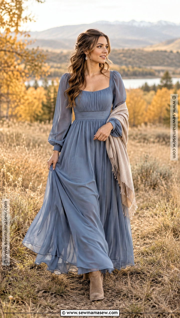 Dusty Blue Long Sleeve Maxi Dress - 15 engagement photo dress fall ideas