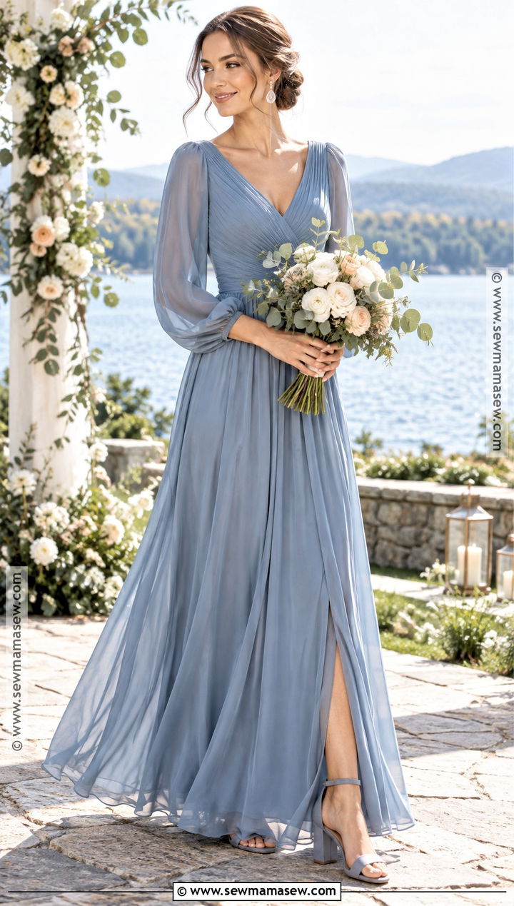 Dusty Blue Long Sleeve September Bridesmaid Dress - 15 bridesmaid dresses september wedding