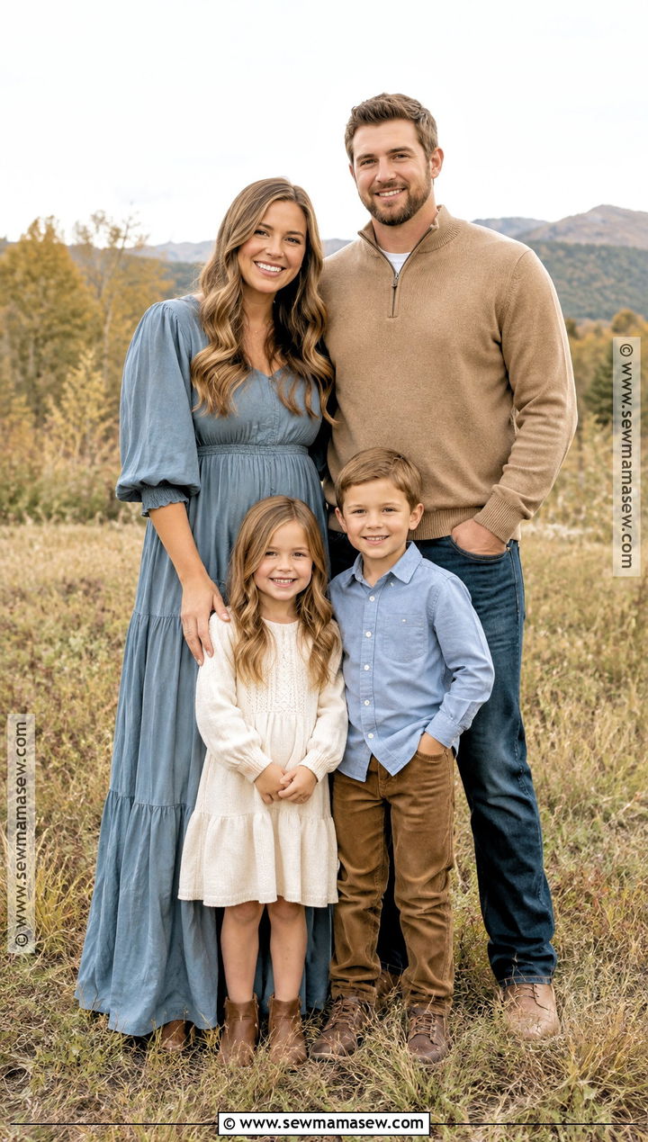 Dusty Blue Maxi Dress And Camel Family Outfit - 20 blue fall family pictures outfits