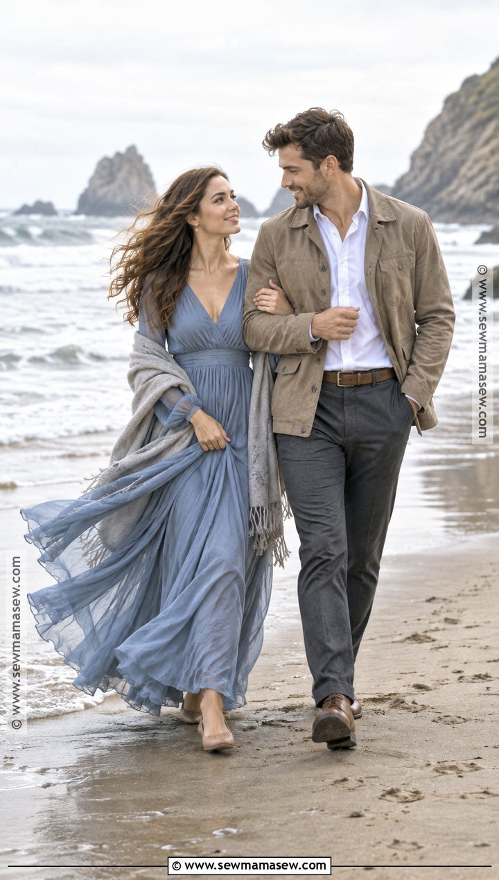 Dusty Blue Maxi Dress Beach Engagement Outfit - 15 fall beach engagement photos outfit ideas