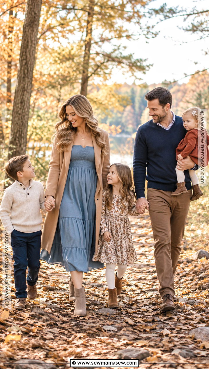 Dusty Blue Midi Dress Fall Family Photo Outfit - 15 mom family photo outfit fall ideas