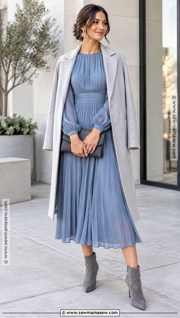 Dusty Blue Midi Dress With Gray Booties - 15 Fall Wedding Guest Dress With Booties Ideas