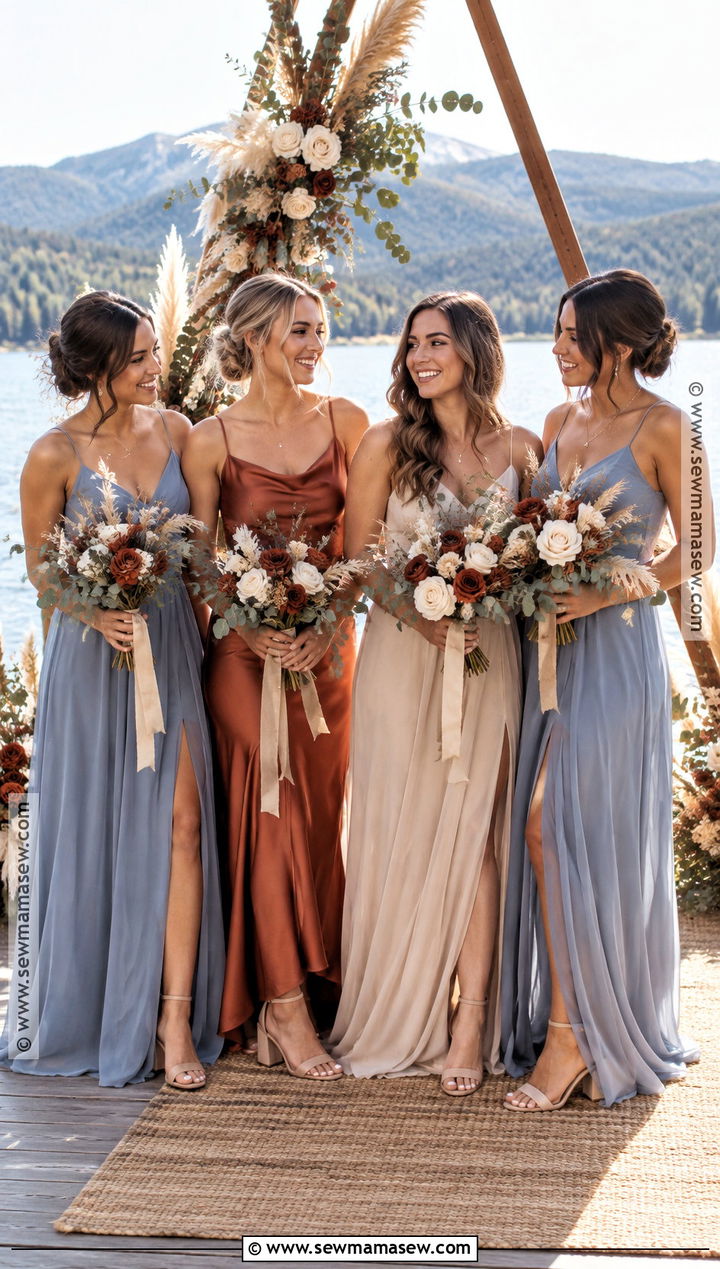 Dusty Blue Rust And Beige Bridesmaid Dresses - 15 fall boho wedding color palettes bridesmaid dresses
