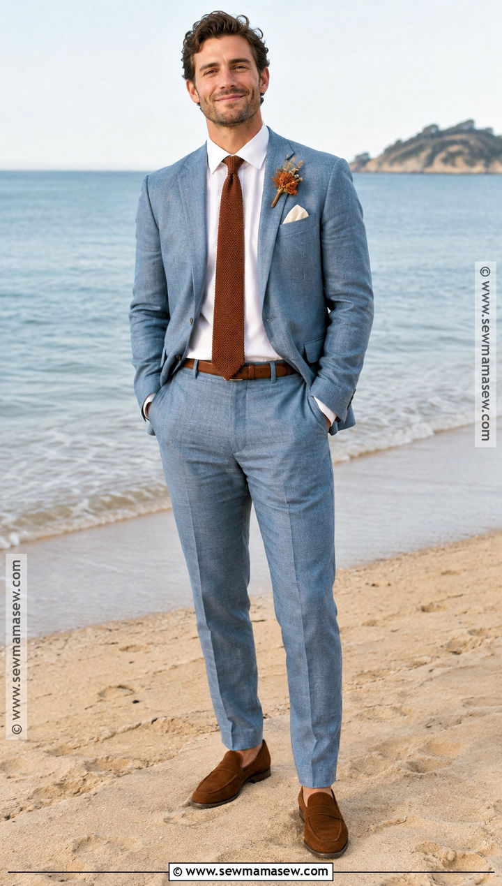 Dusty Blue Suit For A Fall Beach Wedding - 15 fall beach wedding groom attire ideas