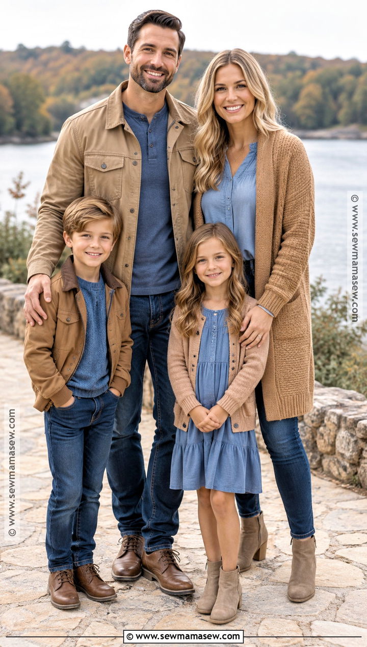 Dusty Blue Tops With Tan Layers For Fall Family Photos - 20 fall family photos jeans