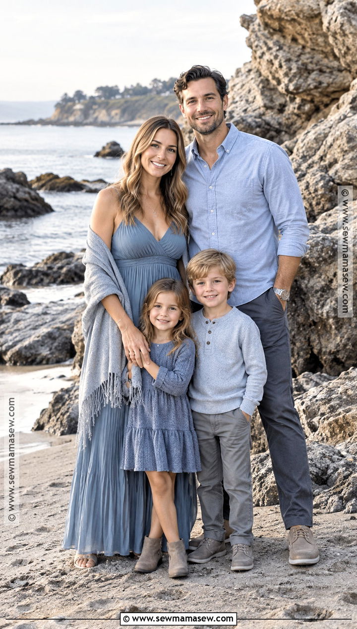 Dusty Blue and Gray Fall Beach Family Outfit - 15 fall beach photoshoot family outfits