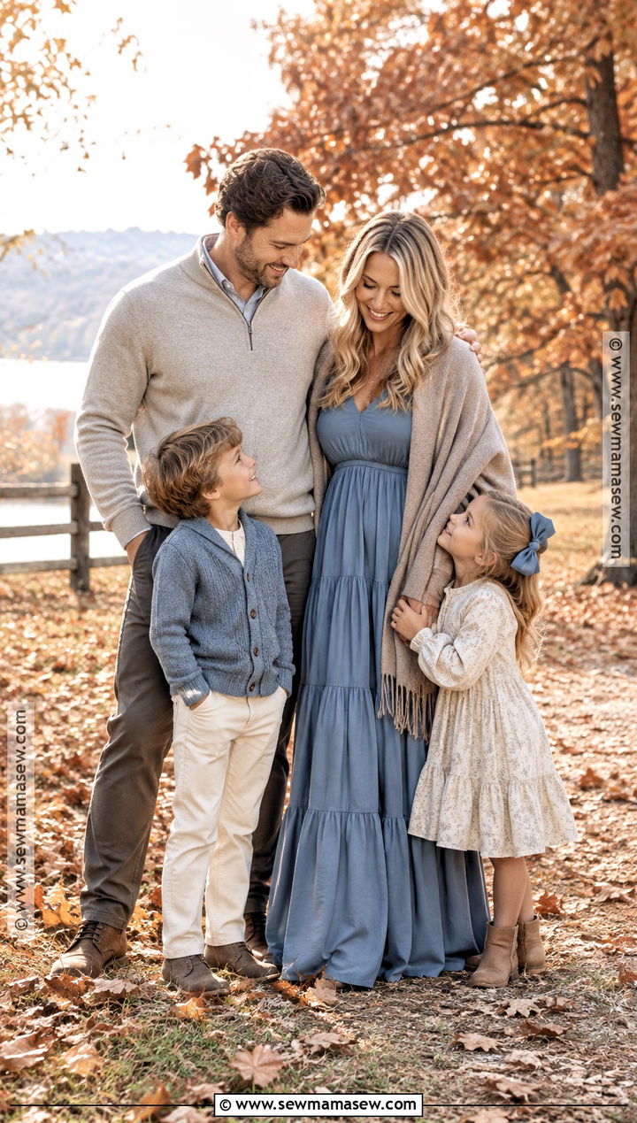 Dusty Blue and Taupe Fall Family Photo Outfits - 20 Neutral Fall Family Photo Outfits