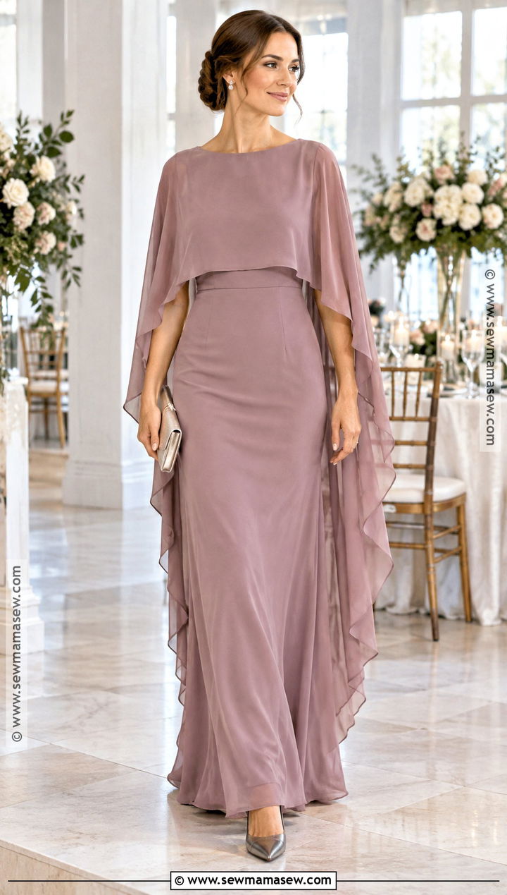 Dusty Mauve Cape Sleeve Maxi Dress - 15 Wedding Guest Maxi Dress Fall Ideas