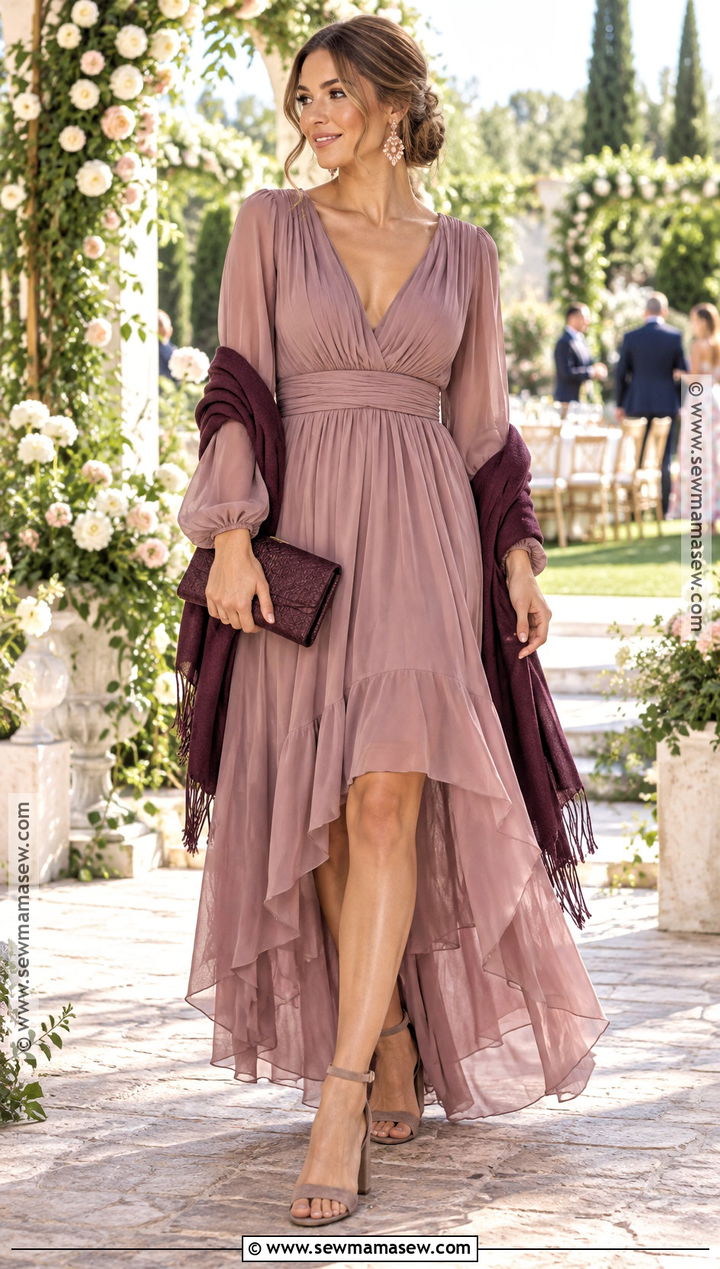 Dusty Mauve High Low Dress With Taupe Heels - 15 boho wedding guest dress fall ideas