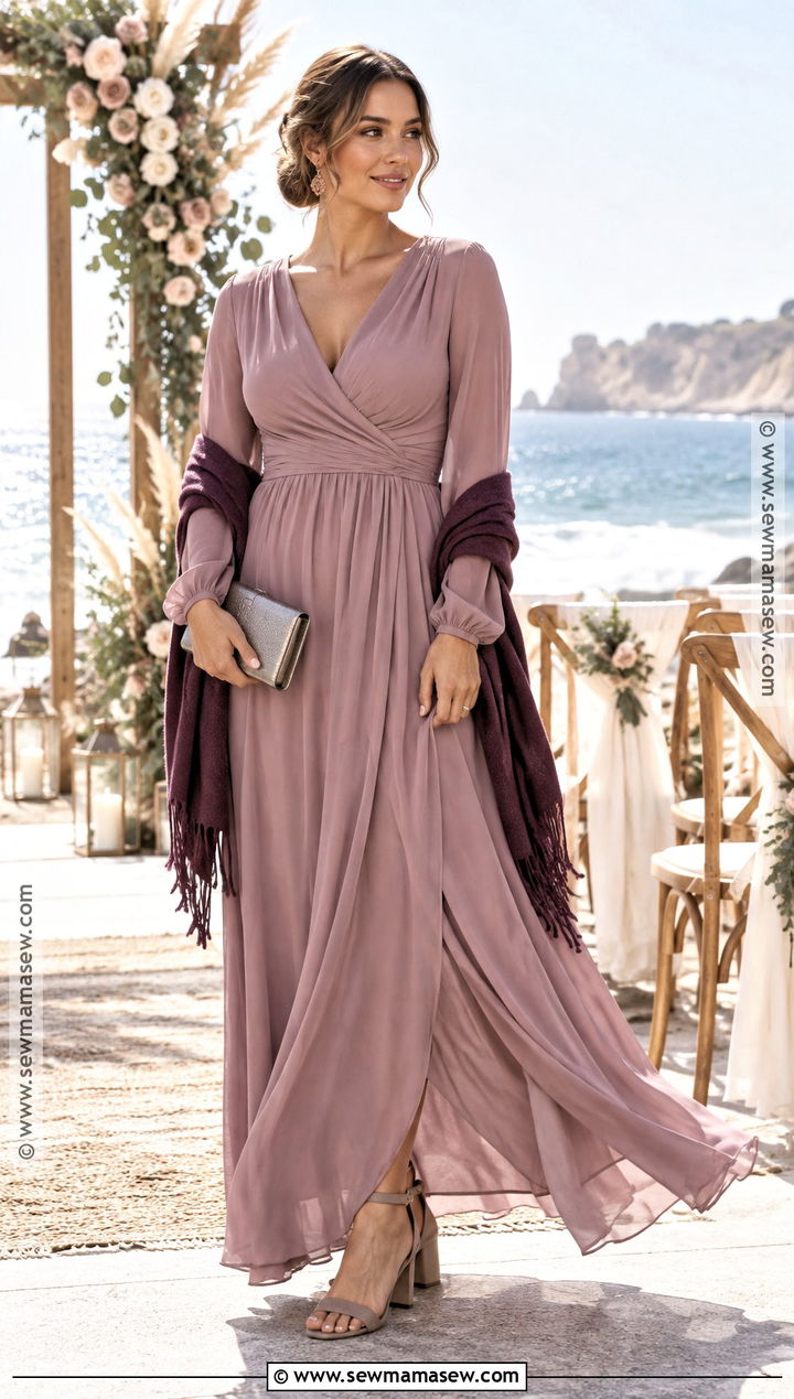 Dusty Mauve Long Sleeve Maxi Fall Beach Wedding Guest Dress - 20 fall beach wedding guest dress ideas