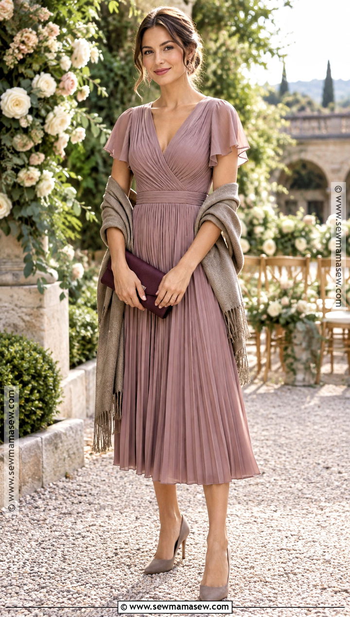 Dusty Mauve Pleated Midi Dress Outfit - 15 september guest wedding dress ideas