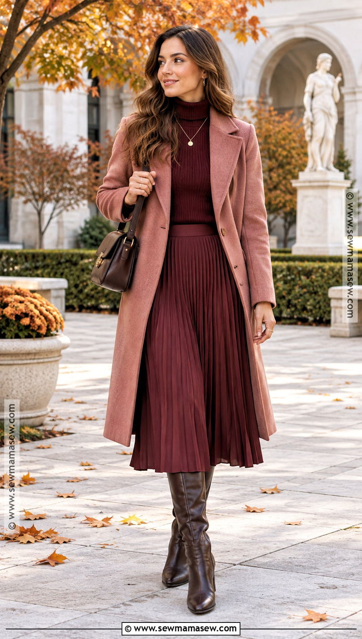 Dusty Pink Coat With Burgundy Knitwear - 15 autumn pink coat style ideas