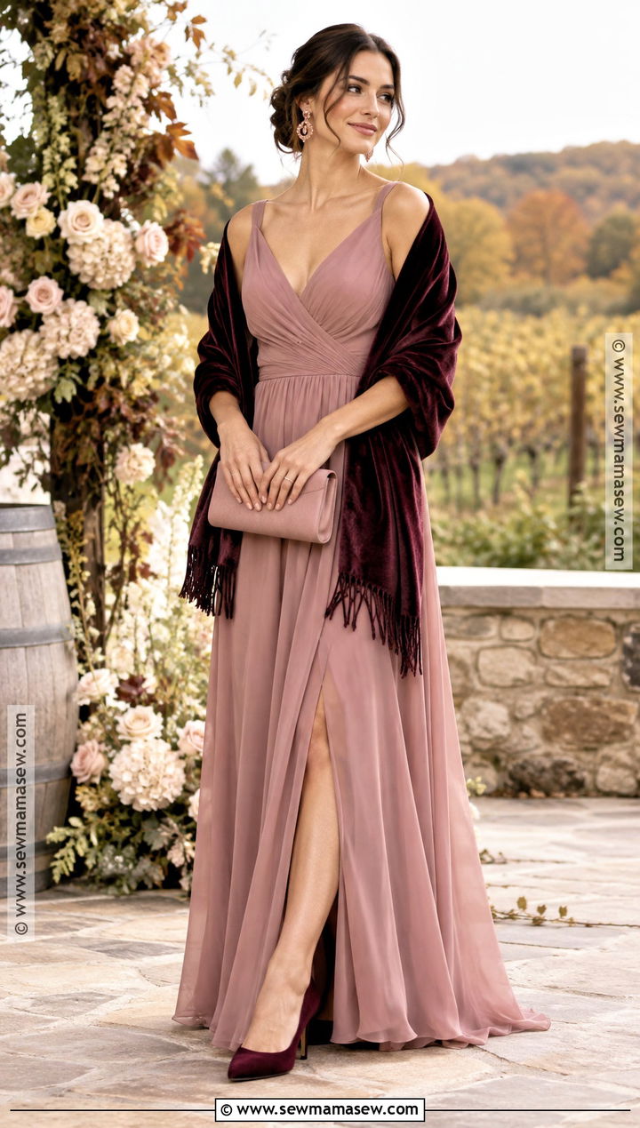Dusty Rose Bridesmaid Dress With Burgundy Velvet Shawl - 15 Bridesmaid Shawls And Wraps Fall Ideas