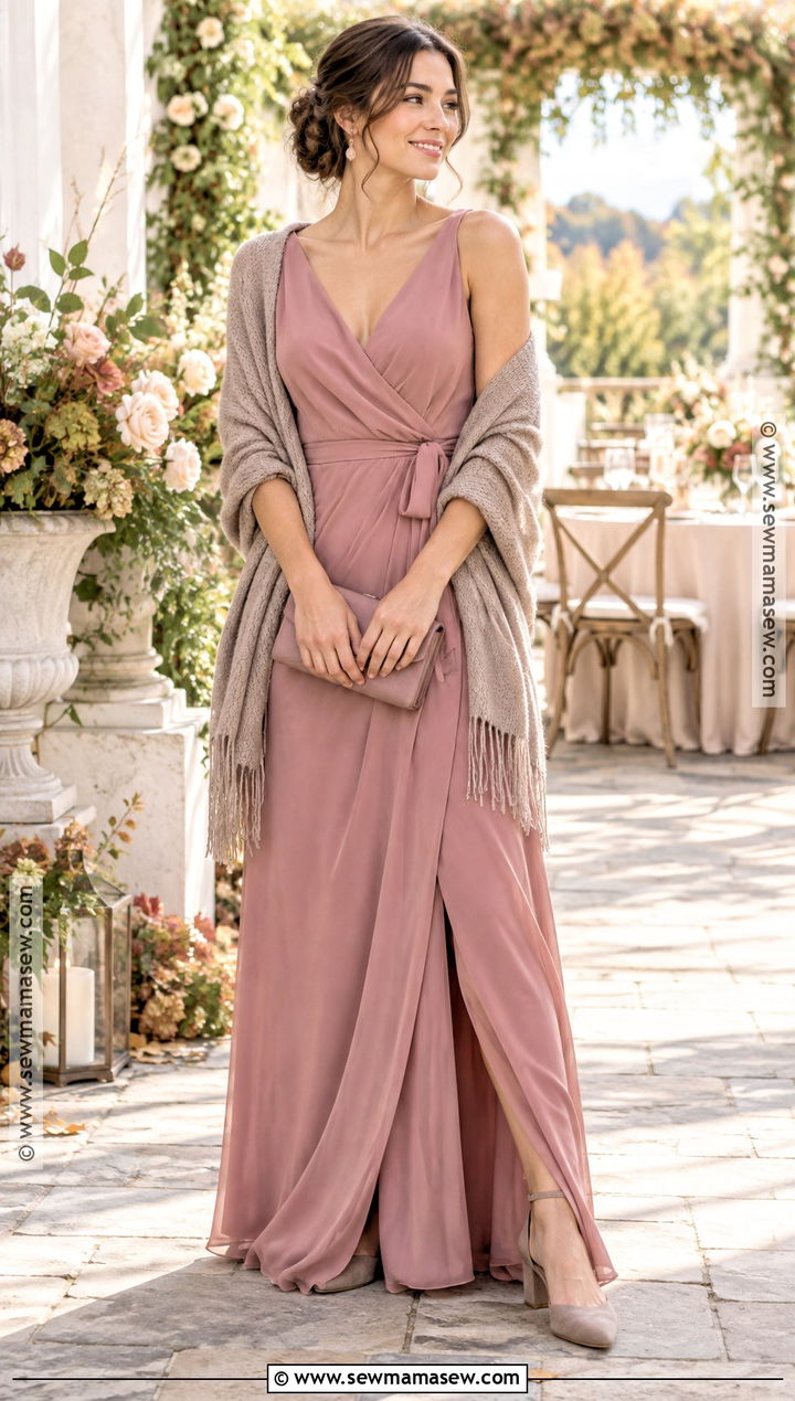 Dusty Rose Bridesmaid Dress With Taupe Knit Shawl - 15 wedding shawls and wraps fall bridal party ideas