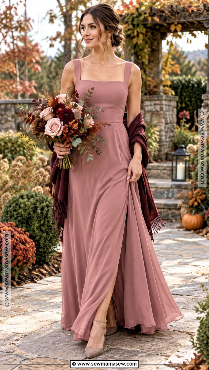 Dusty Rose Crepe Fall Bridesmaid Dress - 15 rustic fall wedding ideas autumn october bridesmaid dresses
