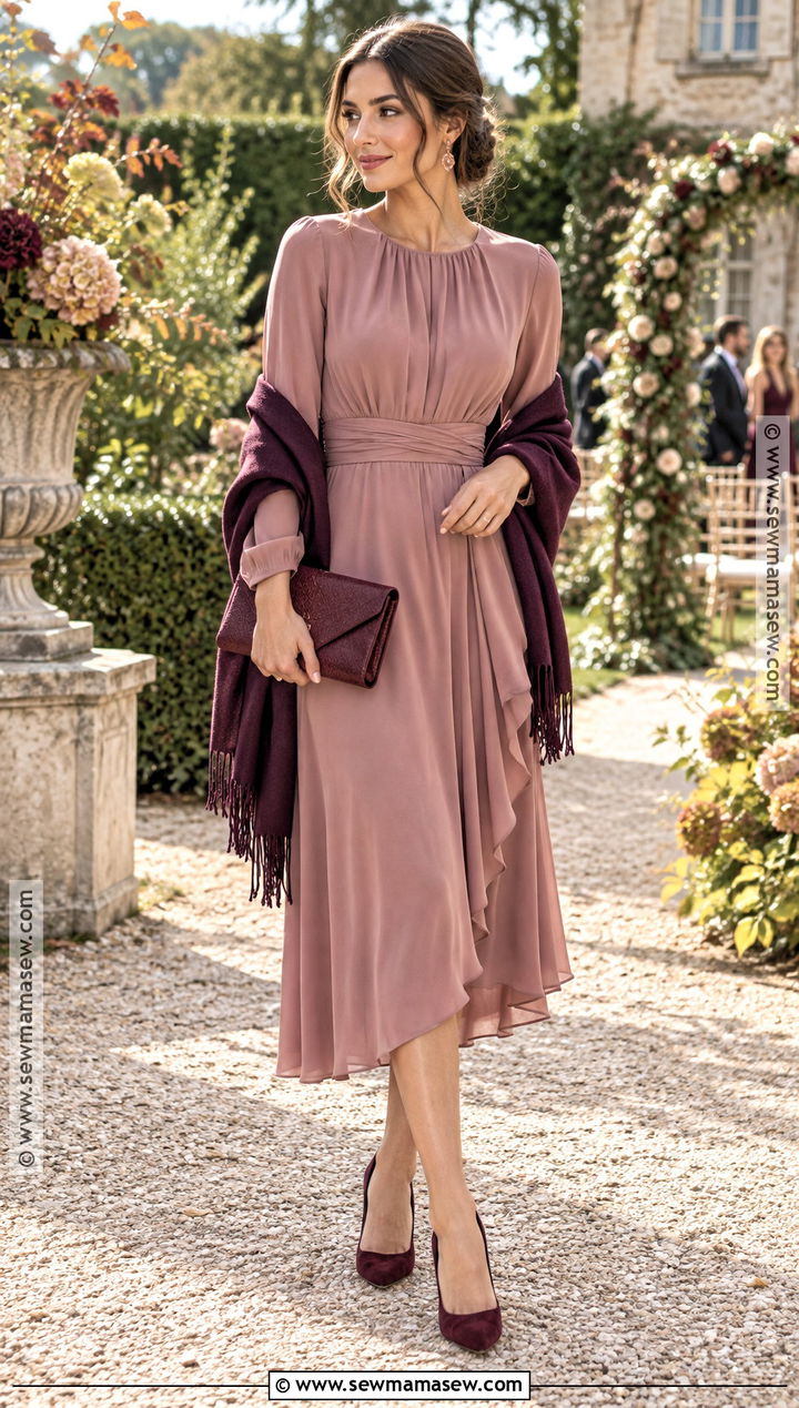 Dusty Rose Crepe Midi Dress - 15 fall wedding different color dresses