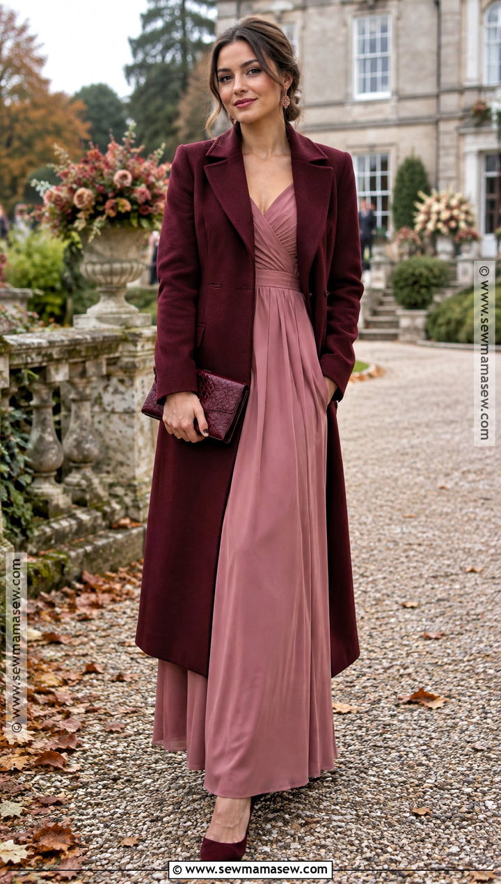 Dusty Rose Dress And Burgundy Coat Outfit - 15 autumn wedding party attire ideas