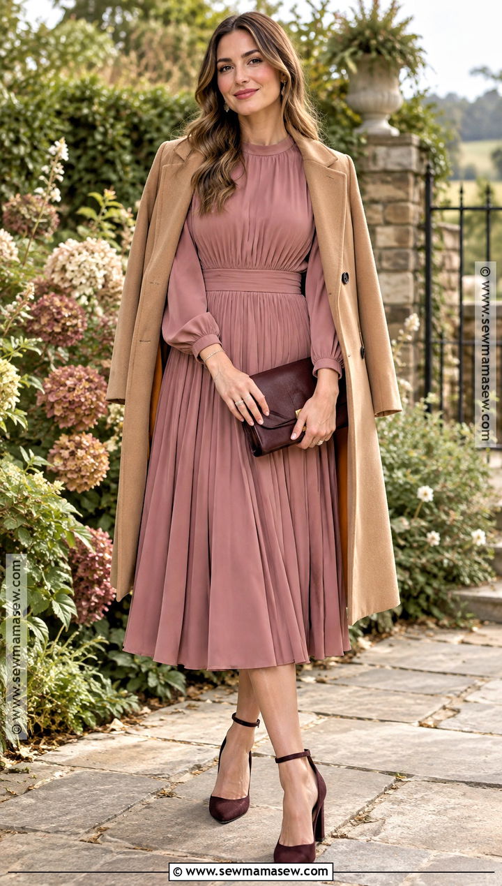Dusty Rose Dress And Camel Coat Outfit - 20 fall garden party wedding outfit guest ideas