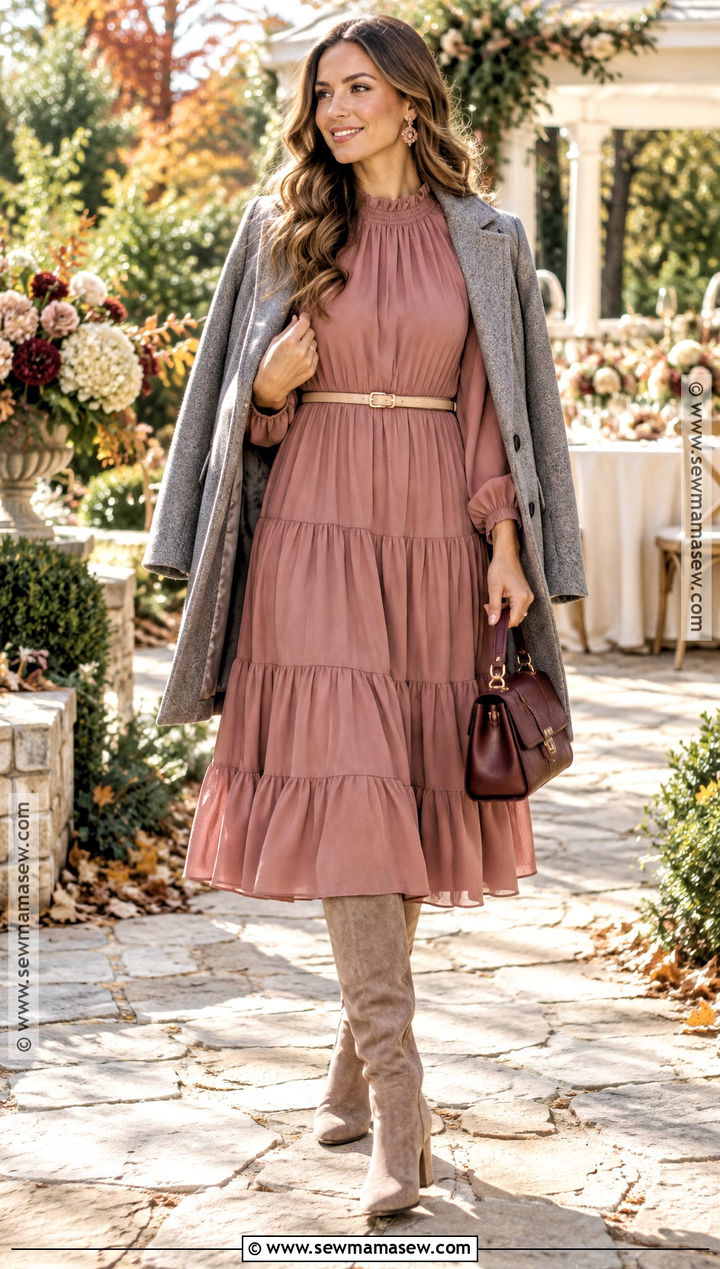 Dusty Rose Dress And Suede Boots Fall Wedding Shower Outfit - 20 Fall Wedding Shower Outfit For Guest Ideas
