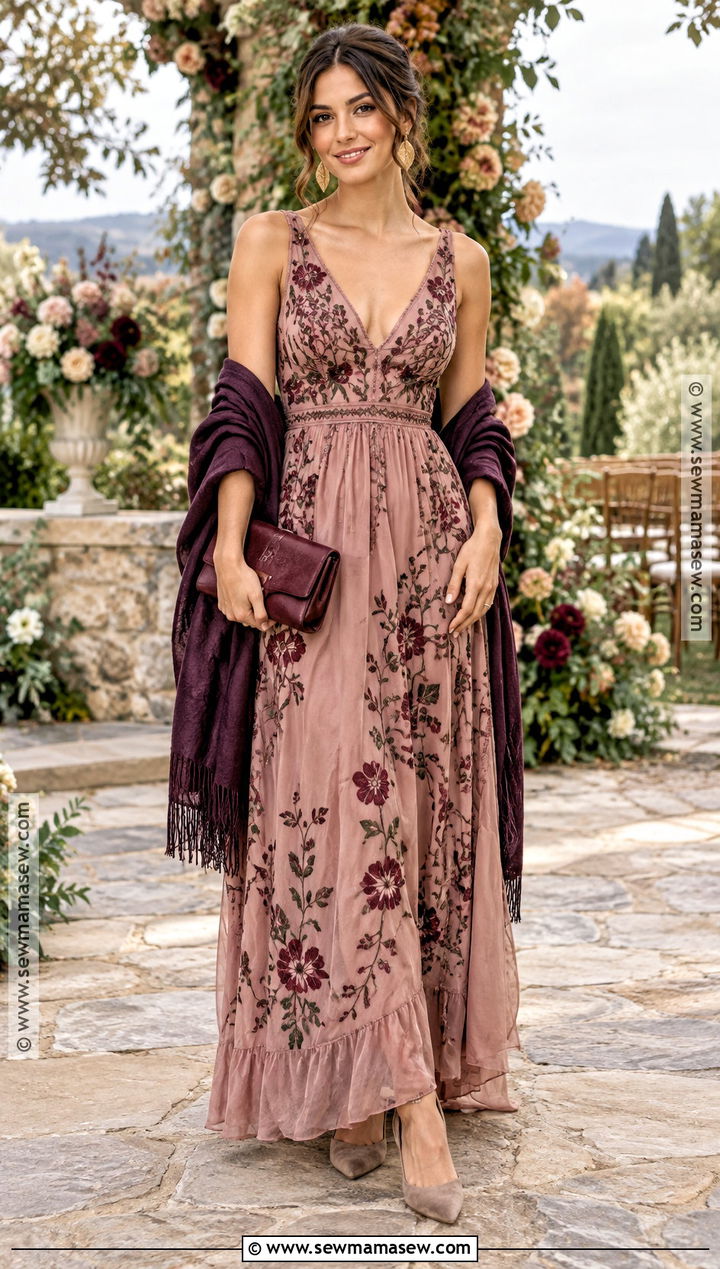 Dusty Rose Embroidered Maxi Dress - 15 boho fall wedding guest dress ideas