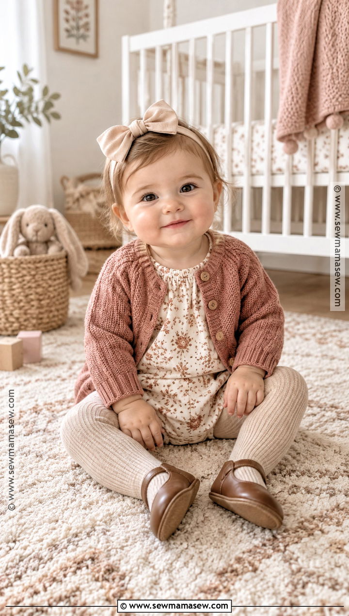 Dusty Rose Knit Baby Cardigan With Cotton Romper - 15 Knit Baby Sweater Fall Style Ideas