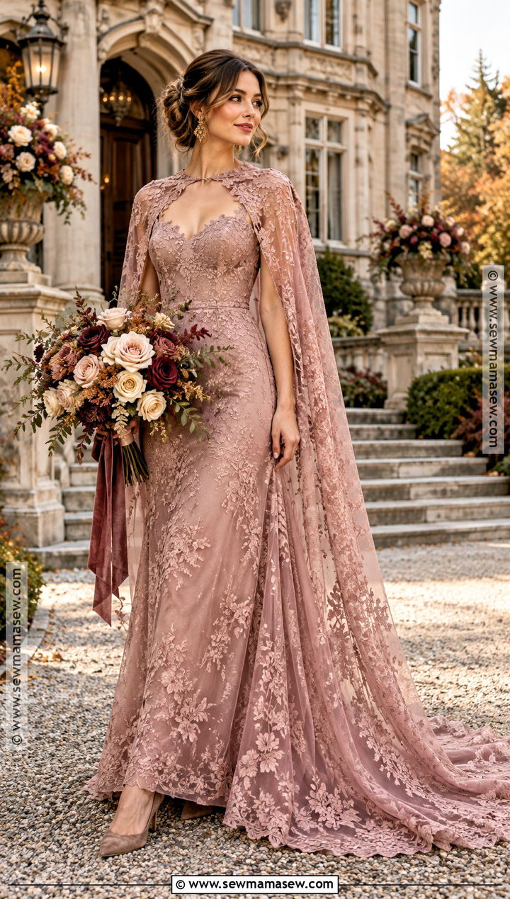 Dusty Rose Lace Fall Wedding Dress - 20 fall color wedding dress ideas