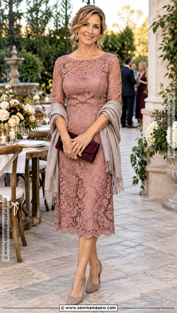 Dusty Rose Lace Midi Wedding Guest Dress - 20 early fall wedding guest dress ideas