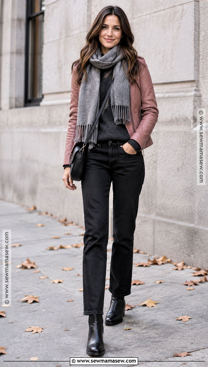 Dusty Rose Leather Jacket With Black Denim - 15 autumn pink jacket ideas