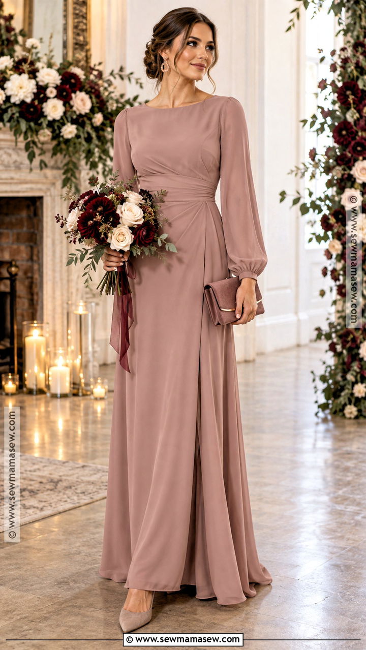 Dusty Rose Long Sleeve Bridesmaid Dress - 20 november wedding bridesmaid dress ideas