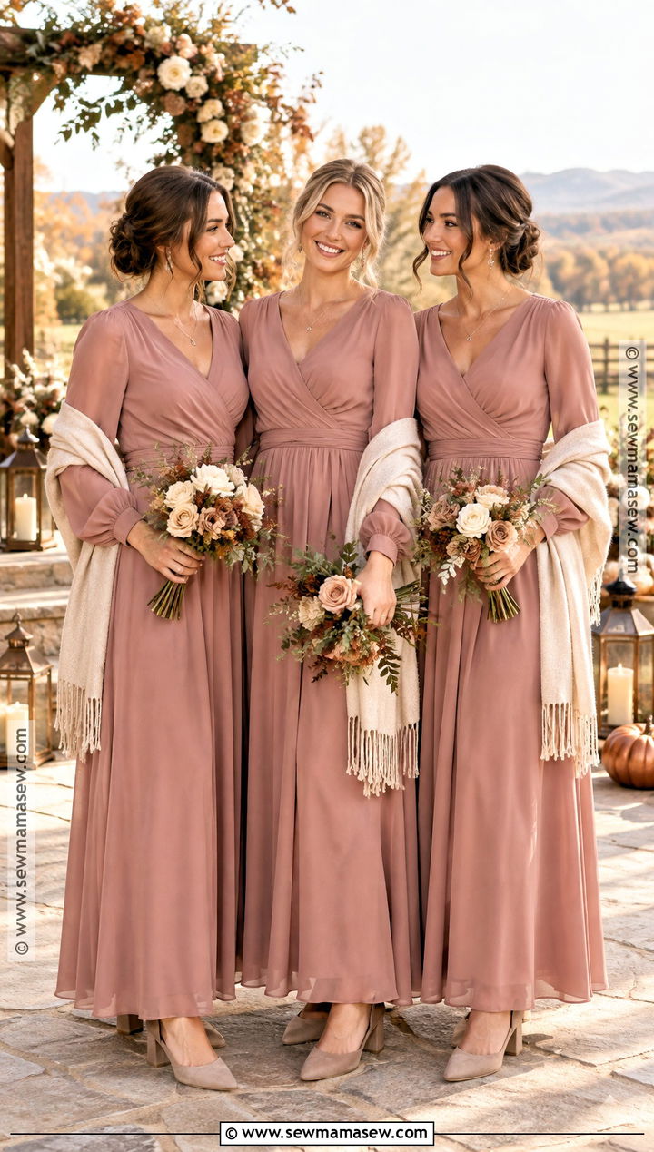Dusty Rose Long Sleeve Bridesmaid Dresses - 15 october wedding ideas outdoor bridesmaid dresses