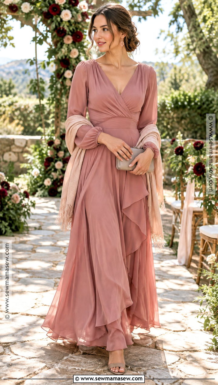 Dusty Rose Long Sleeve Chiffon Bridesmaid Dress - 25 fall bridesmaid dresses